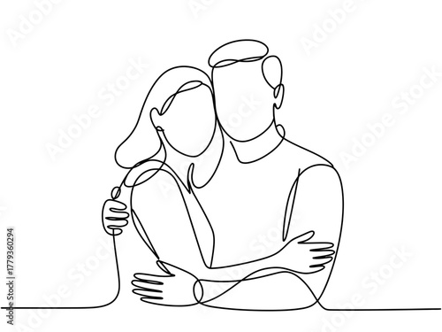 A loving couple embraces in a simple continuous line drawing, symbolizing connection and affection.