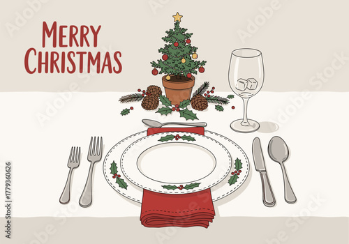 Festive christmas table setting with holiday decorations and mini tree