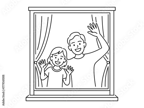 Father and daughter waving from a window behind parted curtains.