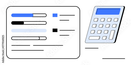 Calculation scenario with a calculator beside progress bars and text elements. Ideal for budgeting, accounting, progress tracking, financial planning, reports, business strategy, and analytics