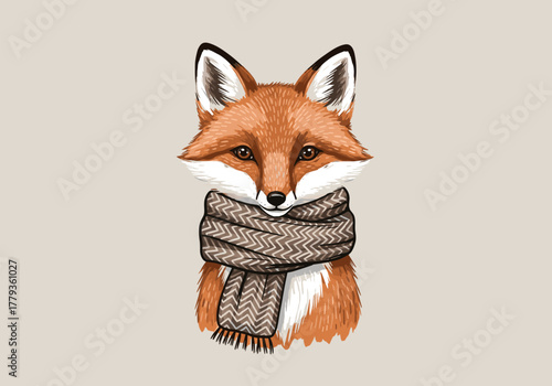 Charming fox with cozy scarf on neutral background for seasonal design
