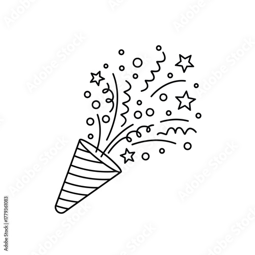 A minimalist line art icon of a party popper exploding with confetti and streamers. A festive symbol of celebration