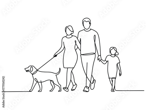 A continuous line drawing depicts a family walking their dog on a leash.