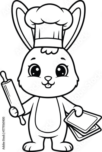 Cute bunny chef with whisk and cookbook cartoon vector illustration