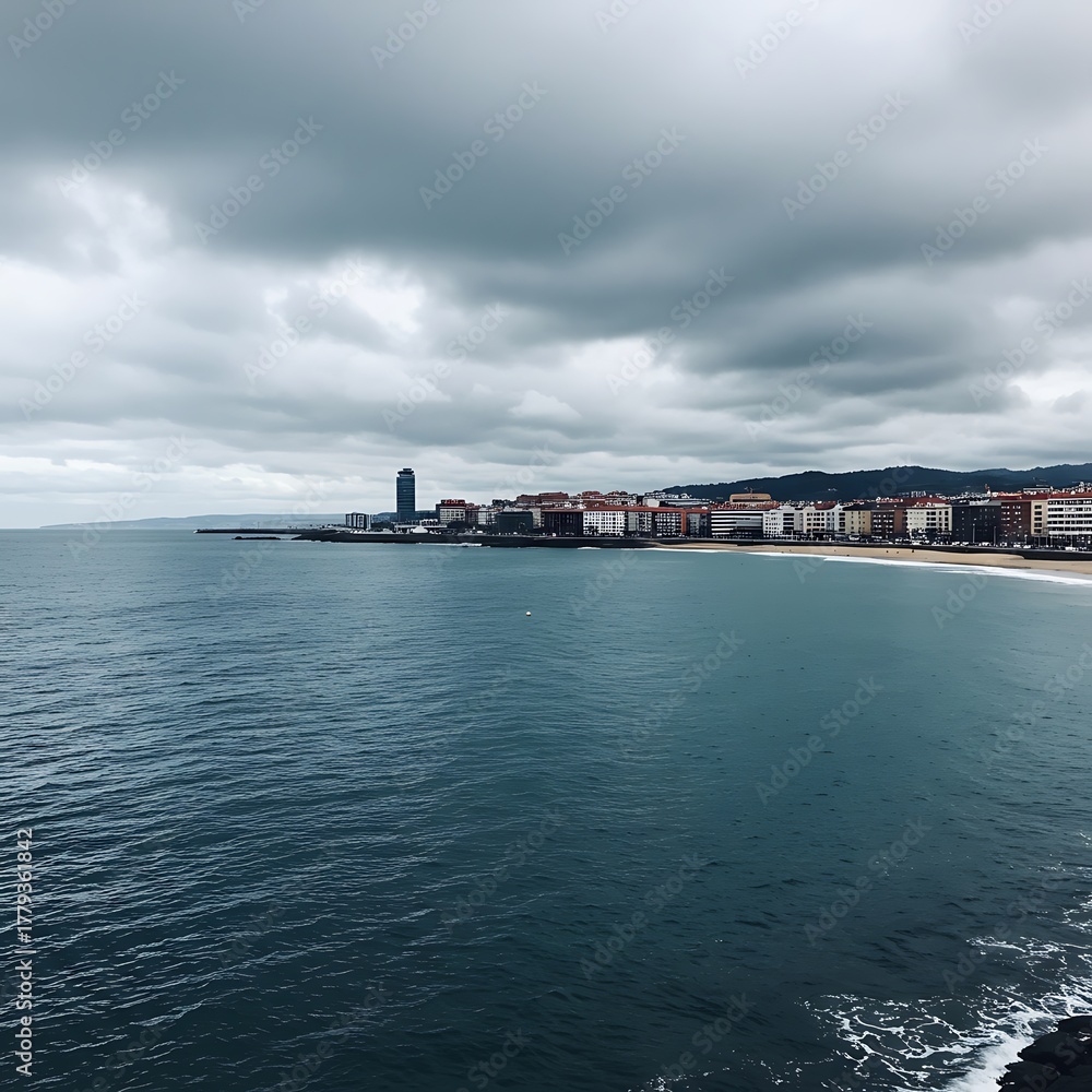 Naklejka premium Coastal Cityscape Under Cloudy Skies - A Serene Ocean View.