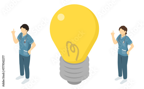 アイソメトリックイラスト：何かをひらめく看護師(緑)