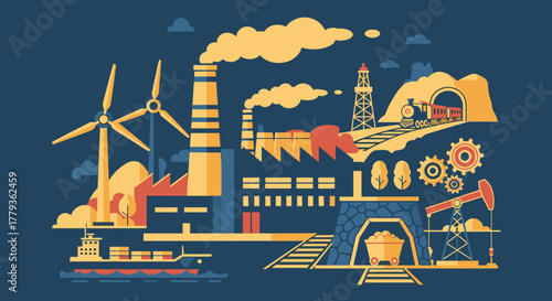 Modern industry vector graphic manufacturing power mining and worldwide transport