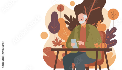 Senior man uses smartphone at a table against an autumnal background Digital literacy and fall illustration