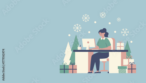 Holiday work overload Woman typing at a desk amidst winter snow and festive presents