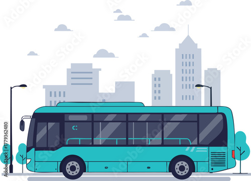 A teal-colored bus stopped at a curb in front of a city skyline with buildings and streetlights.