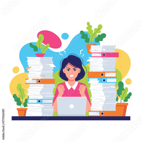 Angry office worker overwhelmed by massive paperwork illustrating job stress and excessive workload