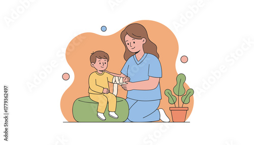 Pediatric nurse bandages boys injured arm Compassionate healthcare and recovery support