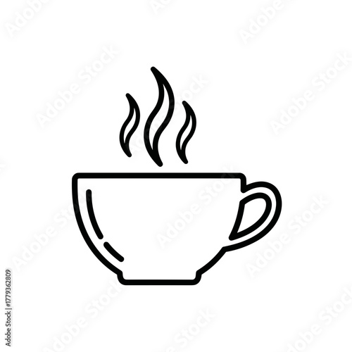 Simple line drawing of steaming hot cup of coffee or tea  