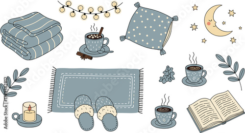 Cozy Home Scene with Warm Beverages, Soft Blanket and Slippers for Relaxation and Comfort in a Hygge Environment, Featuring Reading, Hot Chocolate, Candlelight and Moon Stars for a Relaxing Interior