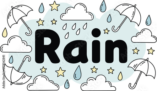 Rainy Weather Graphic with Umbrellas, Clouds and Stars Illustrating Precipitation in Light Blue Sky Environment for Forecasting, Meteorology, Education, Events, Children's Designs and Seasonal
