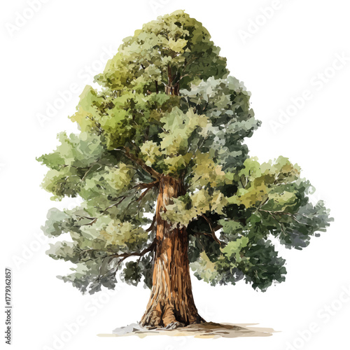 Stylized watercolor Sequoia Tree vector, modern artistic illustration with high-quality details on a pure white background.