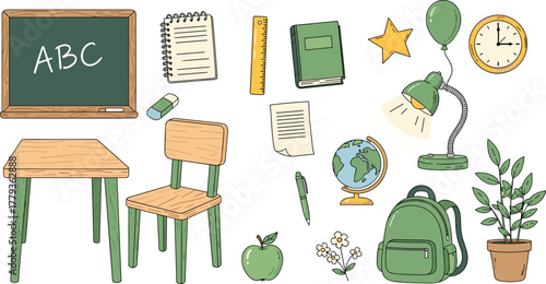 Classroom Learning Environment with School Supplies Illustration, Featuring Blackboard, Desk, Chair, and Globe, a Composition Ideal for Education Designs, Back-to-School Promotion, Teacher Resources,