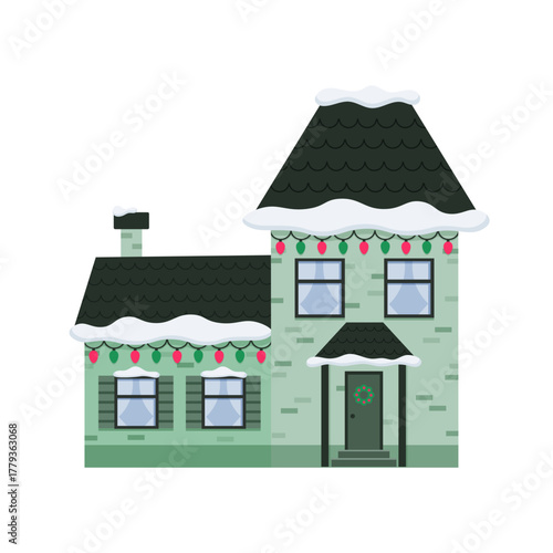 Isolated green winter  house in european style with garlands and snow on white background. Facade of building. Cartoon  facade. Colorful house. Old city manor. Flat design. Vector illustration