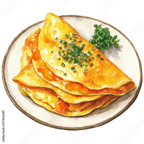 Omelette watercolor vector illustration, high-quality artwork isolated on a pure white background.