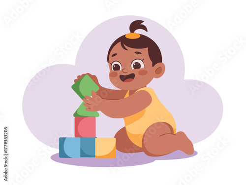 A happy baby plays with colorful building blocks on the floor.