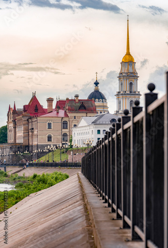 Embankment in the city of Rybinsk, the Cathedral of the Transfiguration of the Savior and the grain exchange
