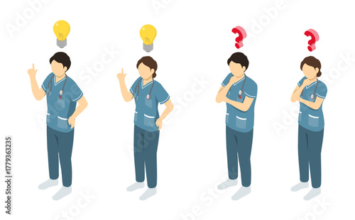 アイソメトリックイラスト：何かをひらめく看護師と考える看護師(緑)