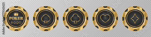 Gold and black  poker chips with diamonds on transparent background. Gambling tokens with suit for poker and casino. Design for advertising, games, casino, banners and posters. Vector illustration. 