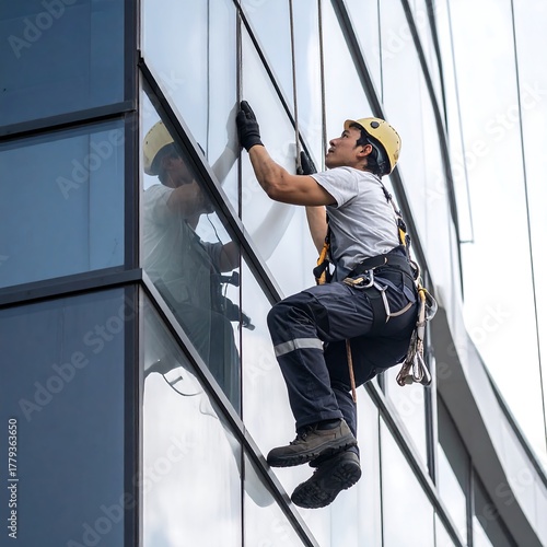 A worker cleans the windows of a modern high-rise building