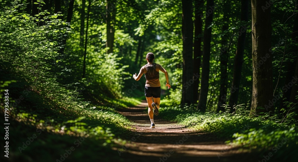 Obraz premium Energetic runner moving swiftly along a sunlit forest trail