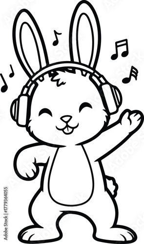 Cute bunny listening to music with headphones cartoon vector