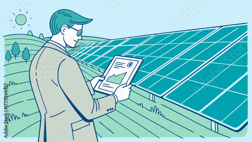 Businessman analyzing data on tablet near large solar panel field in eco-friendly cryptocurrency mining concept