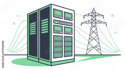 Server cabinet and power transmission tower representing energy-efficient cryptocurrency mining infrastructure
