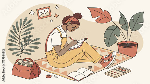 Young woman sitting on floor and writing in journal surrounded by plants, stationery and cozy decor elements