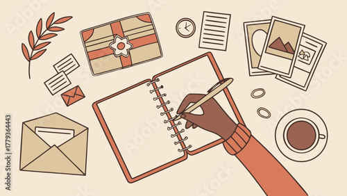 Person writing in open notebook with vintage photos, envelopes and coffee in cozy junk journaling scene