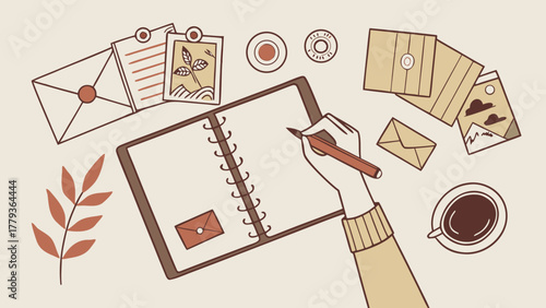 Hand writing in notebook surrounded by paper ephemera, vintage envelopes, photos and coffee in junk journaling concept