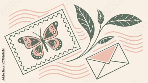 Butterfly stamp, envelope and botanical illustration in soft colors representing vintage junk journaling style