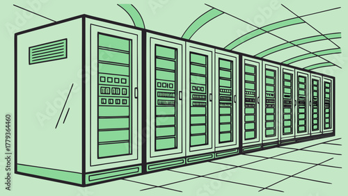 Long row of green server cabinets in modern data center illustrating eco-friendly cryptocurrency mining infrastructure