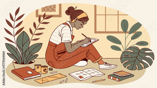 Woman sitting on floor and writing in journal surrounded by stationery, books and indoor plants in cozy space