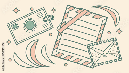 Decorative flatlay of vintage-style letter, envelope, photo and paper elements in junk journaling aesthetic