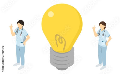 アイソメトリックイラスト：何かをひらめく看護師