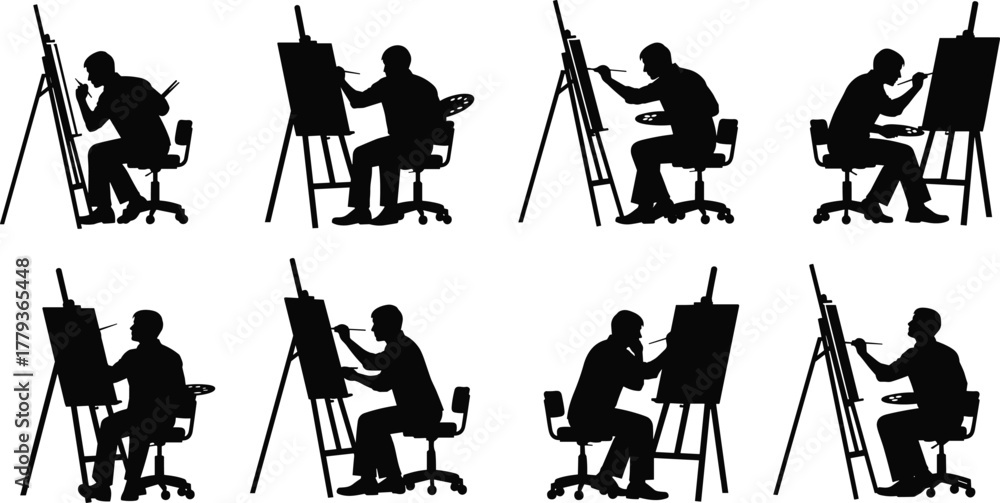 Obraz premium artist, painter, easel, silhouette, drawing, painting, art, vector, creative, studio, cad, figure, flat, black, illustration