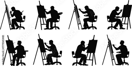 artist, painter, easel, silhouette, drawing, painting, art, vector, creative, studio, cad, figure, flat, black, illustration