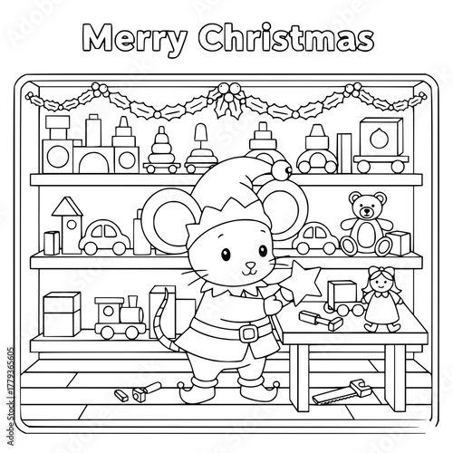 Mouse dressed as elf in toy workshop with “Merry Christmas,” coloring book page for toddlers Generative AI
