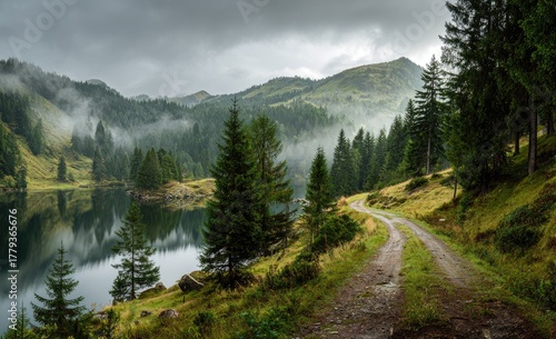 Scenic mountain lake with winding road, forest, fog, and overcast sky