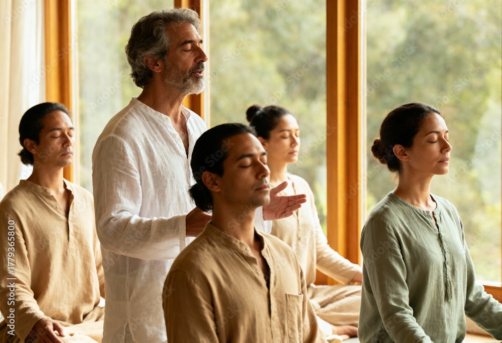 Obraz premium Male instructor guiding a group meditation class at a wellness retreat. People practicing mindfulness for spiritual and mental wellbeing