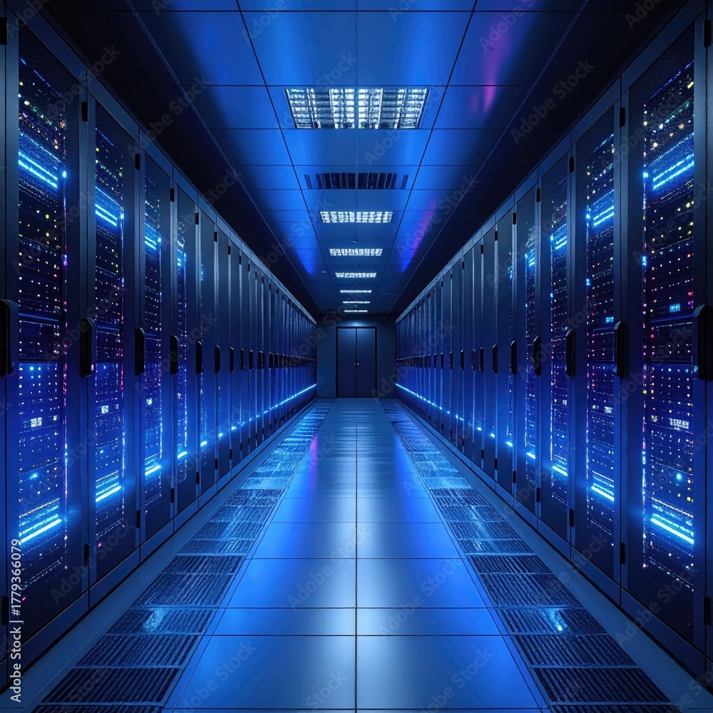 Fototapeta premium Futuristic Data Center Server Room with Blue Neon Lights.