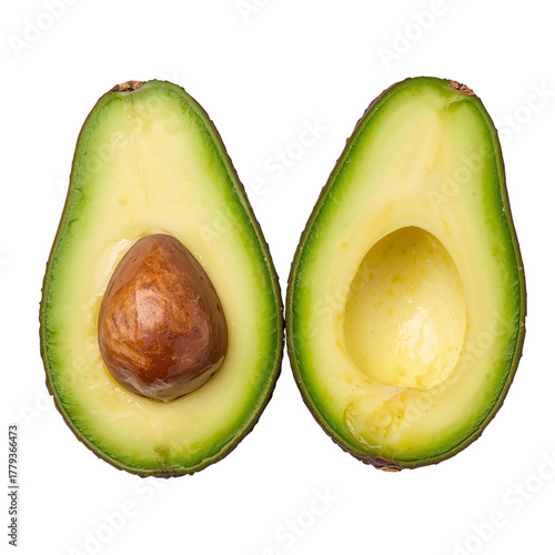 Sliced Avocado Halves Showcasing the Creamy Green Interior and Brown Seed.