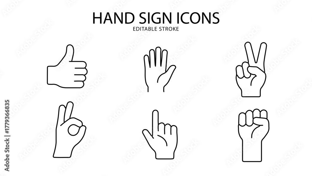 Fototapeta premium A set of hand sign icons with editable lines (not outlined), 線の編集ができるハンドサインに関するアイコンセット（アウトライン化していない）, hand, icon, finger, thumb, up, vector, symbol, ok, good, gesture, illustration, sign, button, like
