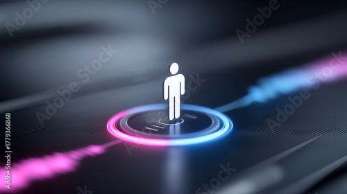 Sleek minimal tech visualization of stereo sound recording technology with neon-lit soundwaves, floating holographic bars, and wireless earbuds surrounding a luminous human icon on a gradient digital 