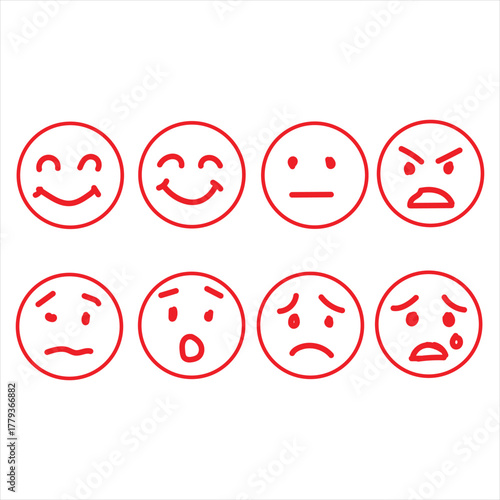 The image displays eight red, outlined circular emoticons on a white background. They are arranged in two rows of four. Each emoticon depicts a different facial expression, ranging from happy 